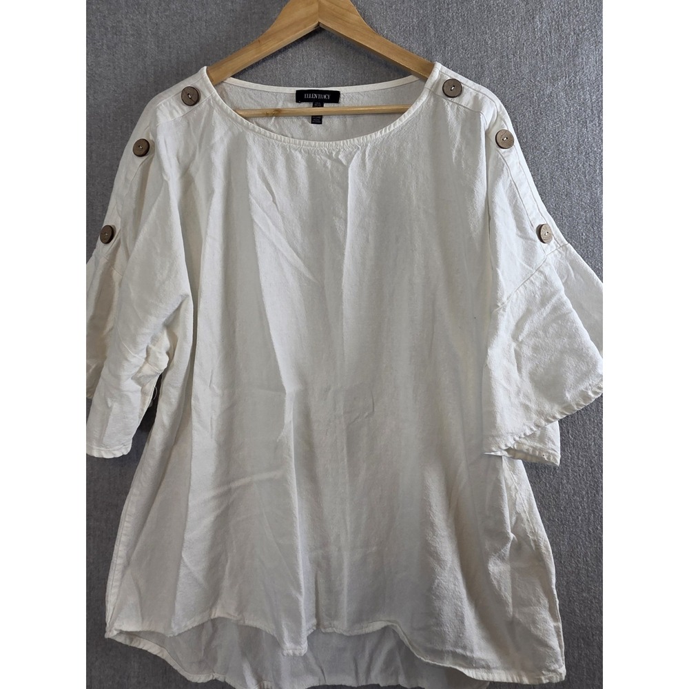 Ellen Tracy Womens XL Blouse Top Linen Blend Button Shoulders Flowy White Boho